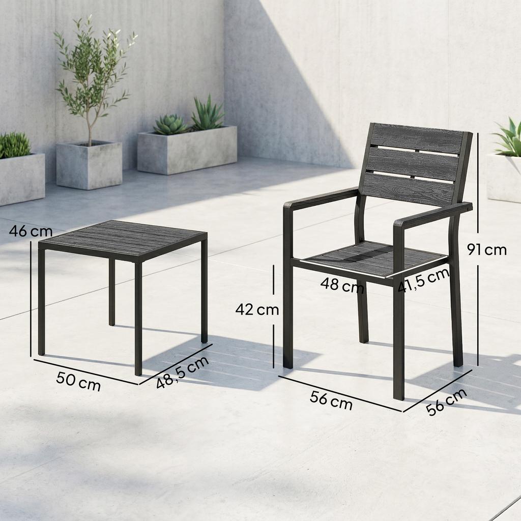 3-Piece Garden Set with 2 Chairs and HDPE Table Wood-Effect Slat Design for Patio Balcony Black