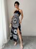 New Black Summer Spaghetti Strap Women's High Slit Ethnic Style Halter Neck Long Dress
