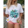 Frühling/Sommer Damen Oberteil, Frischer Stil, Hibiskusblüten- und Tropenblatt-Print, "Aloha" Schriftzug, Täglich Lässig, Modischer Lockerer Schnitt,