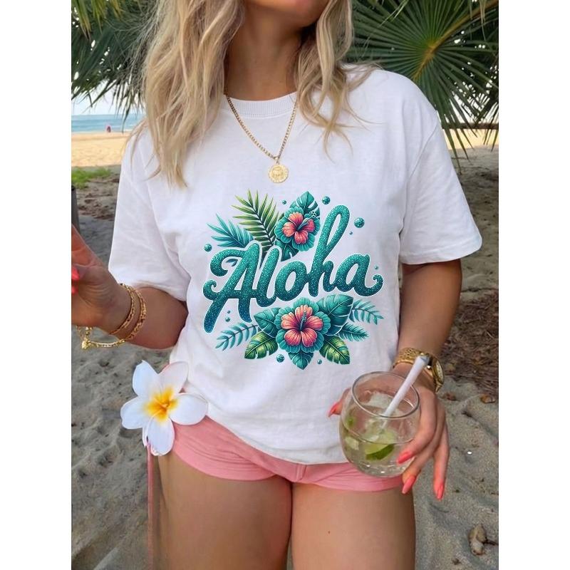 Frühling/Sommer Damen Oberteil, Frischer Stil, Hibiskusblüten- und Tropenblatt-Print, "Aloha" Schriftzug, Täglich Lässig, Modischer Lockerer Schnitt,