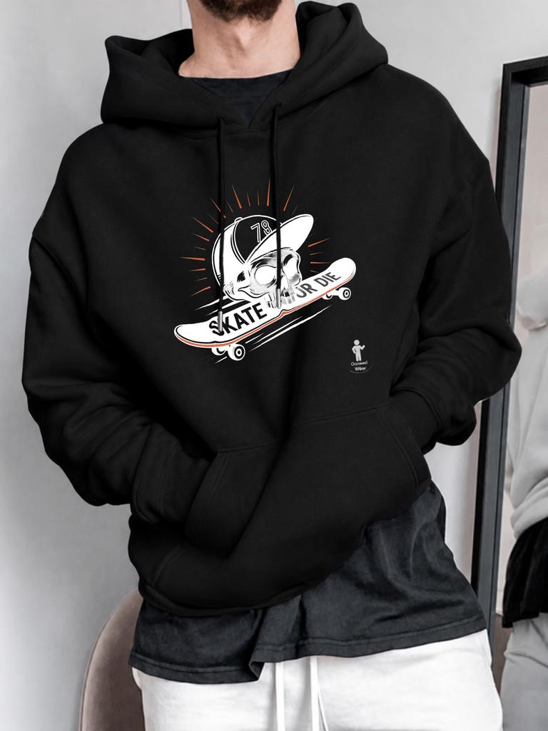 Unisex Hoodie, Skateboarding Culture, Skull On Skateboard with Skate Or Die Slogan, Pullover Sweatshirt, Streetwear Style, Casual Daily Wear Fall Wint