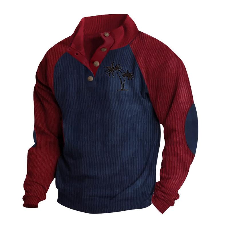 Men's Drop-Shoulder Sleeve Casual Printed Stand-Up Collar Loose-Fit Corduroy Patchwork Sports Sweatshirt