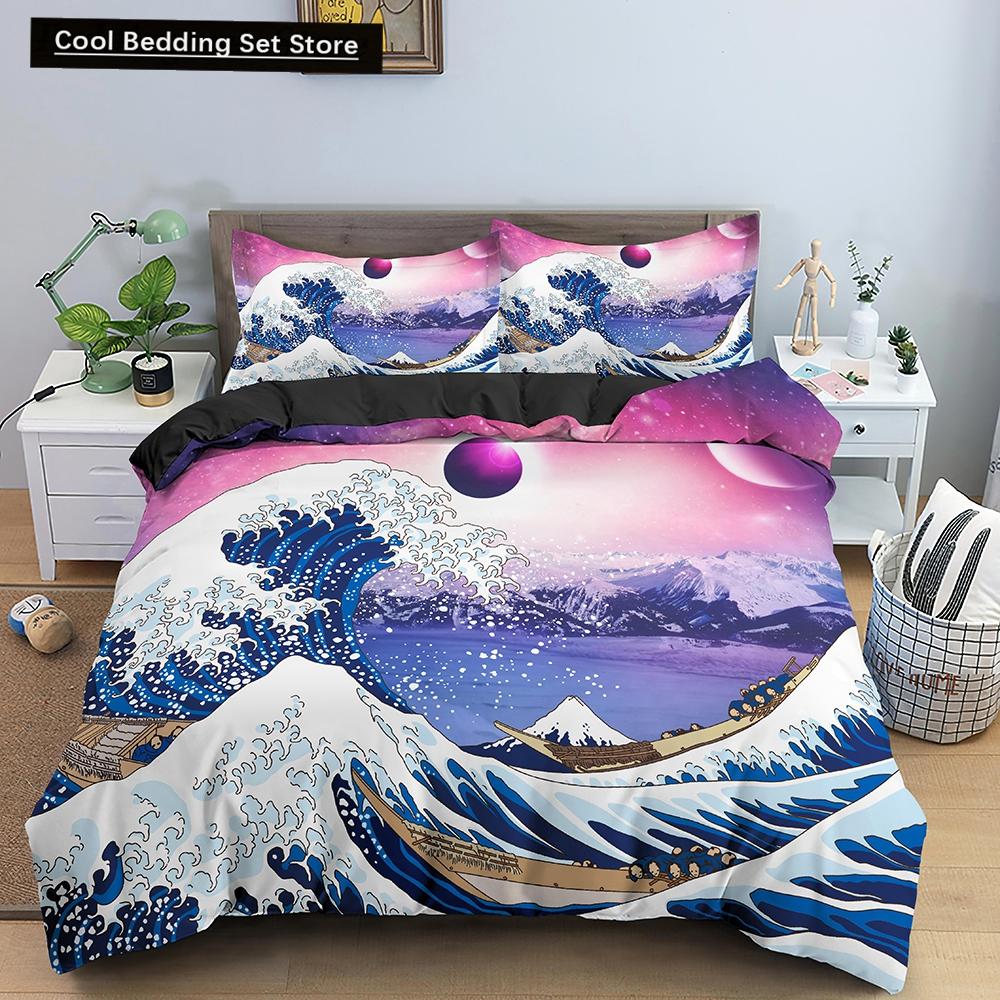 Ozeanwelle Bettwäscheset 3D Abstrakte Kunst Bettbezug King/Queen Größe mit Kissenbezug Aquarellstil 2/3-teilig Polyester Steppdeckenbezug
