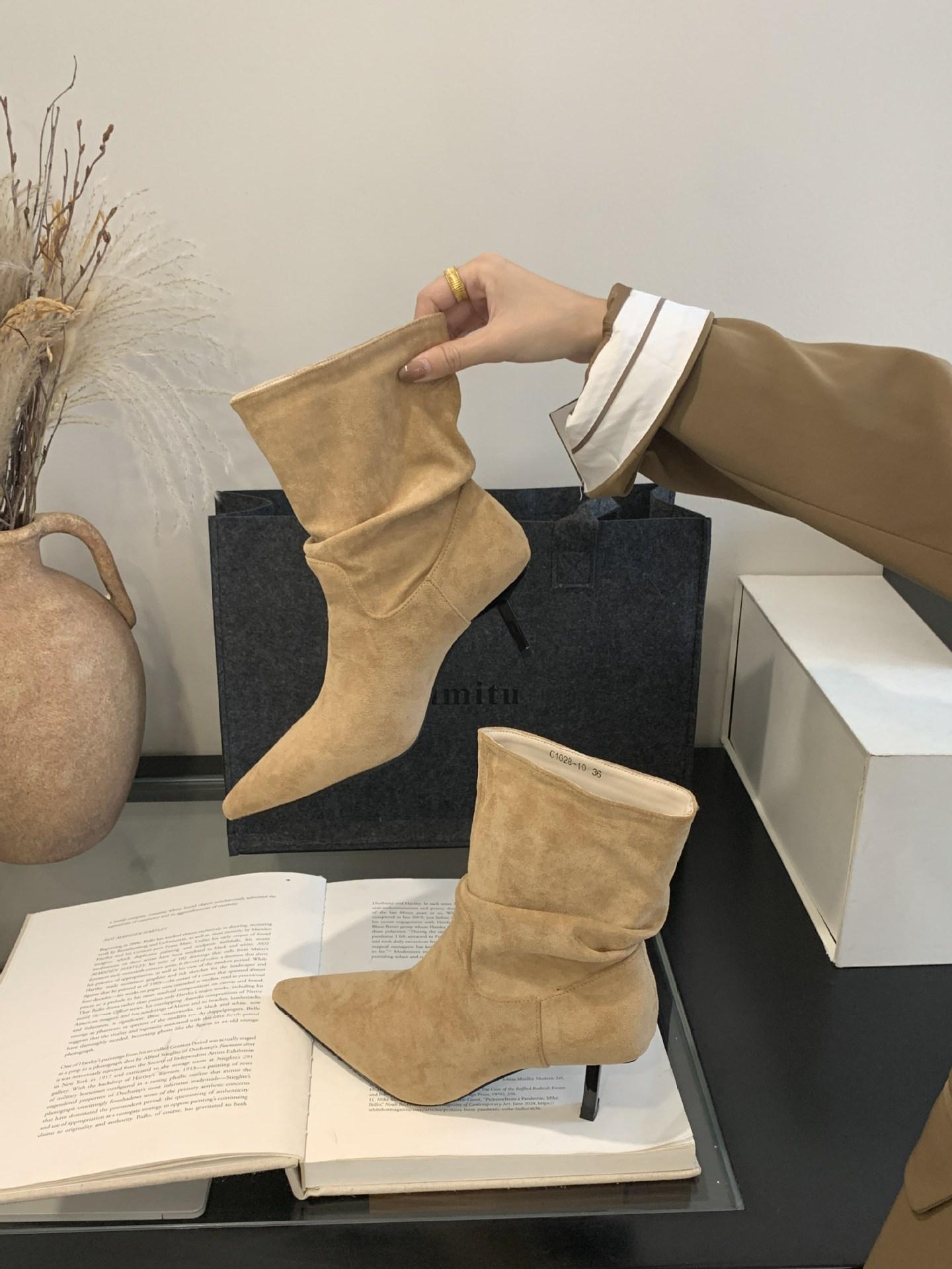 

Осенью 2025 года новая корейская версия ретро узких ботфортов, тонкие туфли на высоком каблуке, универсальные короткие ботинки для женщин 39 хаки