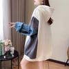 Women's Hooded Long Sleeve Oversized Casual Top Color Block Denim Splicing Letter Print Loose Fashion Hoodie Blouse