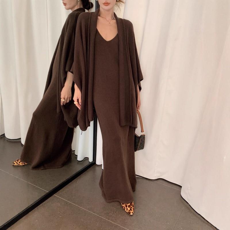 Womens Elegant Knit Two-Piece Set: Batwing Sleeve Sweater Long Slip Dress Casual Outfit In Wool Blend