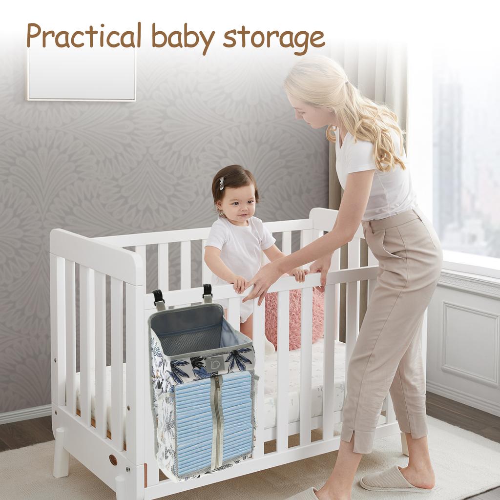 Baby Crib Hanging Caddy Organizer Oxford Cloth Baby Diaper Hanging Bag with 2 PP Boards Multi Pocket Baby Product Storage Bag