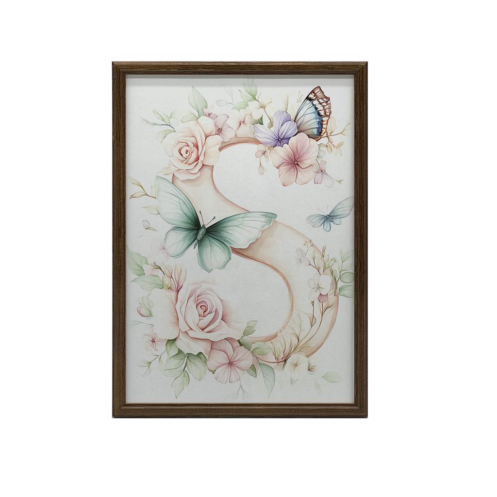 Plakat "S" Z Kwiatami I Motylami Plakat "S" Z Kwiatami I Motylami, 50X70 Cm, Rama Drewniana Ciemny Brąz, Papier Matowy 230 Gsm