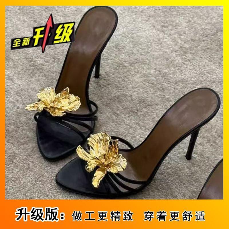 2025 summer new Korean version fashion open-toed stiletto temperament sandals women's metal flowers with high heels
