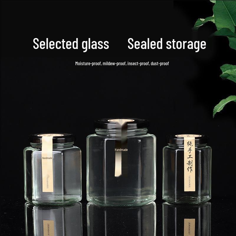 Hexagonal Glass Food-Grade Jar with Lid - Perfect for Lemon Curd, Honey, Chili Sauce, Jam, or Sauce Storage.