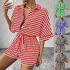 Summer Jumpsuit for Women's Casual Loose Comfortable Outfit Striped Batwing Sleeve Shirt Top+ Shorts Jumpsuit Woman