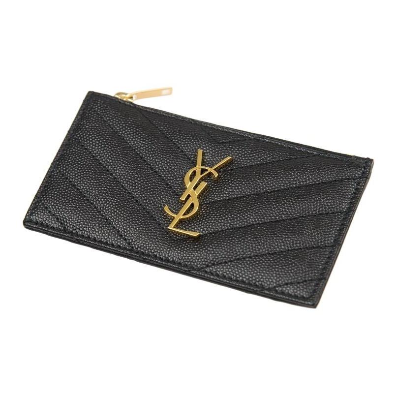 Saint Laurent Ysl Cassandre Gold Logo Zipper Grainy Embossed Quilted Leather Card Holder Coin Purse Women wallet Black 607915-BOW01-1000