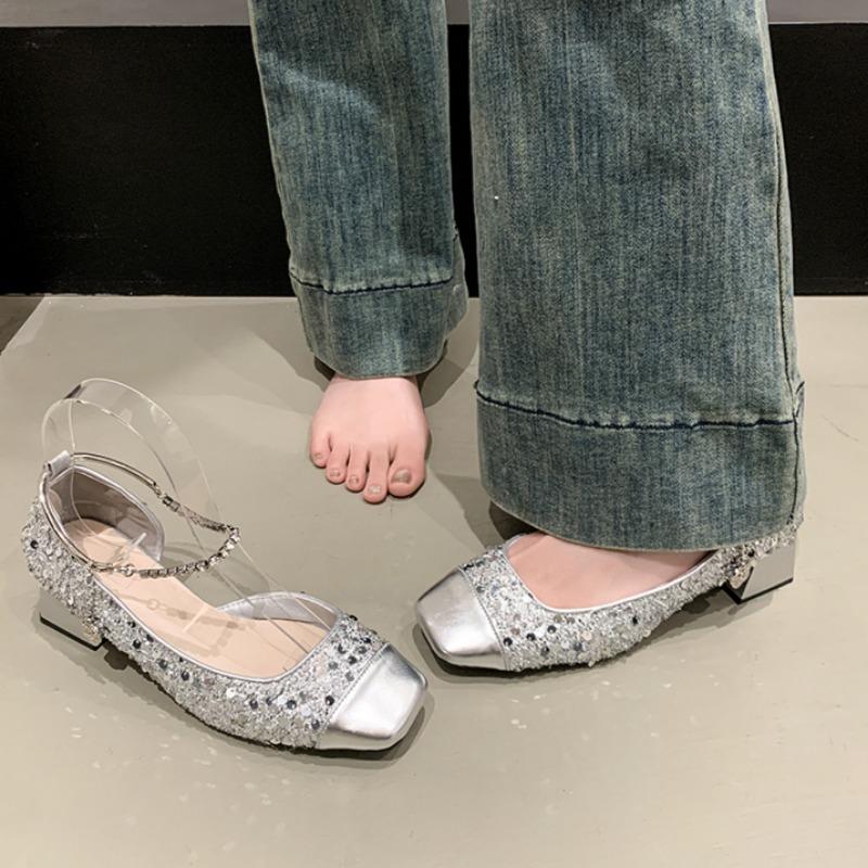 Fashion Fashion Side Empty Single Shoes Summer New Square Head Shallow Mouth Sequin Cloth Crystal Buckle Non-slip Square Heel Shoes