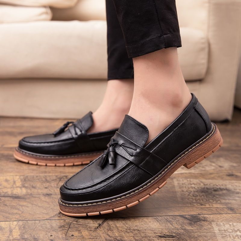 Thick Sole Platform Round Toe Men's Leather Shoes with Tassels Office Loafers Male Casual Shoe Slip-on Retro Sale New In Social