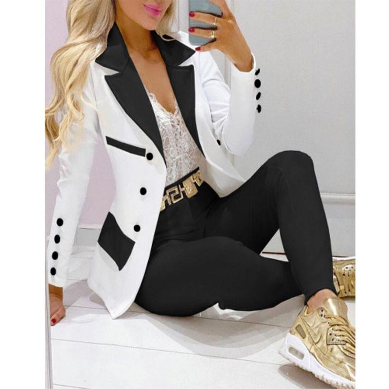 2PCS Women Blazer Suit Lapel Jacket Coat + Pants Co-ord Set Formal Office Outfit