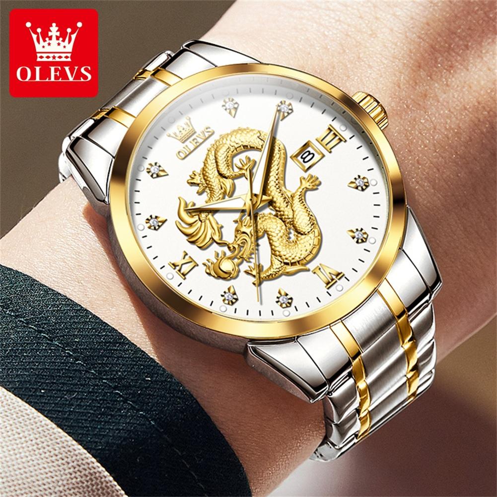 OLEVS Mens Watches Top Brand Luxury China Loong Dragon Dial Gold Quartz Watch for Men Waterproof Luminous Date Fashion Wacth Men