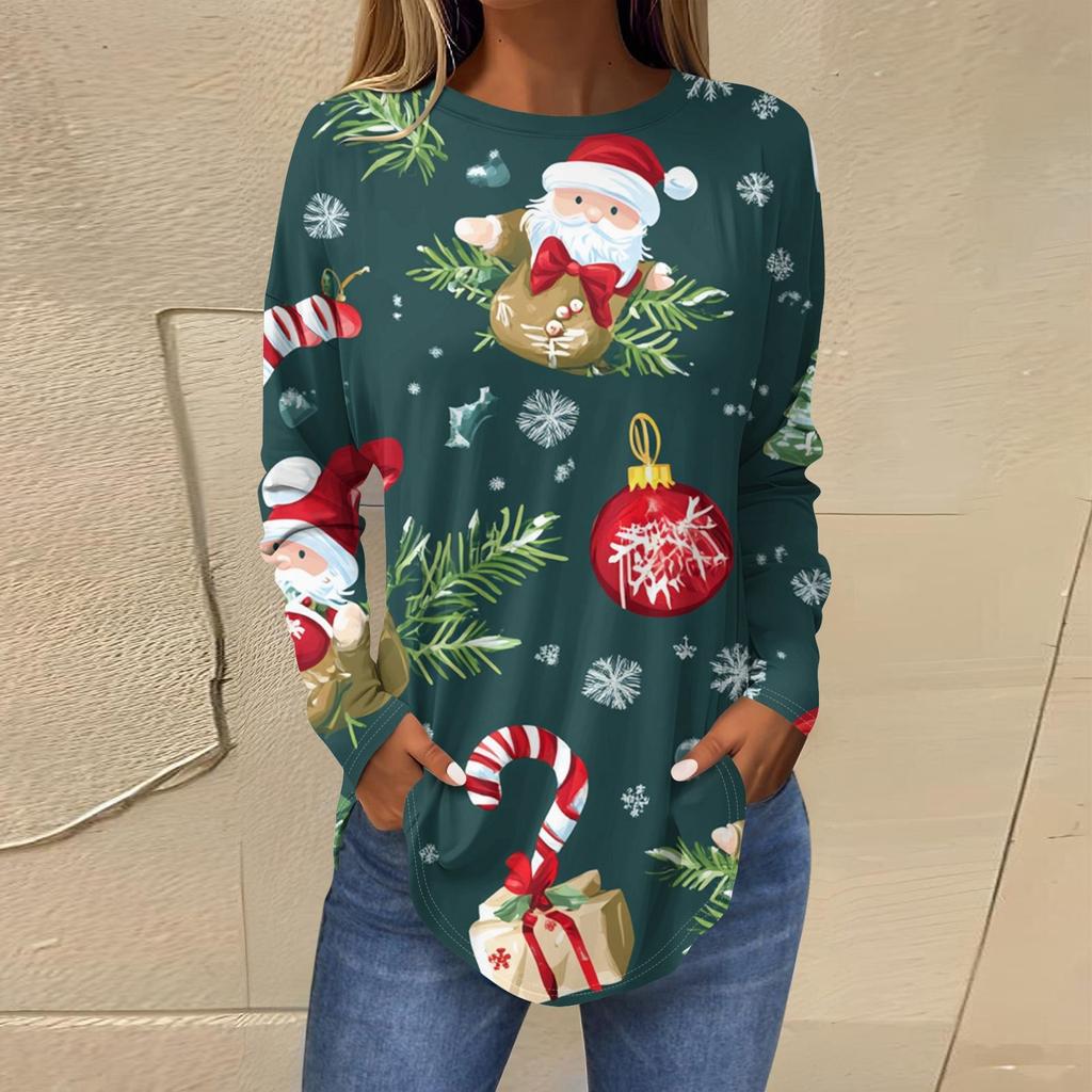 3D Gradient Color Christmas Tree Print Round Neck Long-sleeved T-shirt Casual Long-sleeved Top
