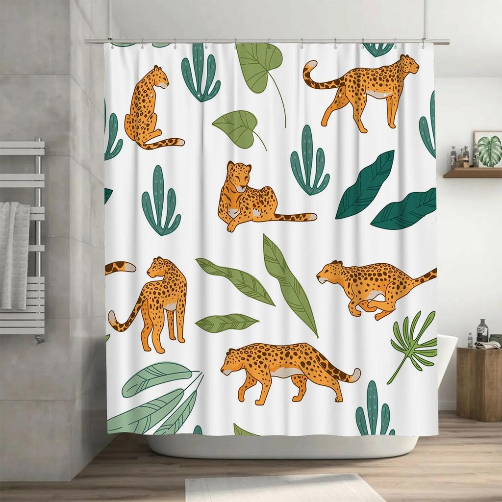 Animal Print Shower Curtain Leopard Pattern, Green Leaves Cacti, Home Decor, Customizable Sizes for Bathroom Decoration