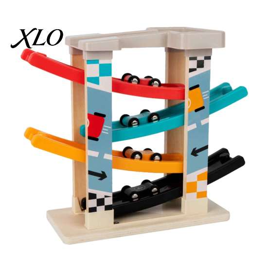 Interactive Slide Track Set Wooden Ramp Racer Car Toy, 4 Numbered Mini Cars And Parking Lot Sturdy Design, Development Hand-eye Coordination