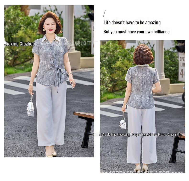 Elegant Chiffon Short-Sleeve Top for Middle-Aged & Elderly Women - Chinese Style Summer Shirt
