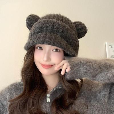 Women Autumn Winter Warm Thicken Ear Protector Peaked Hat Cold Velvet Knitted Hats Sweet Cute Bear Cap