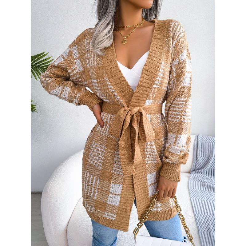 Dámský podzimní a zimní kostkovaný krajkový ležérní kardigan s lucernovými rukávy