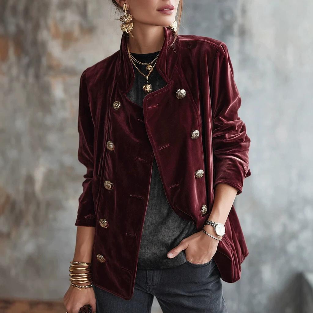 Cardigan Donna Velluto Colore Retrò Doppiopetto Collo Alto