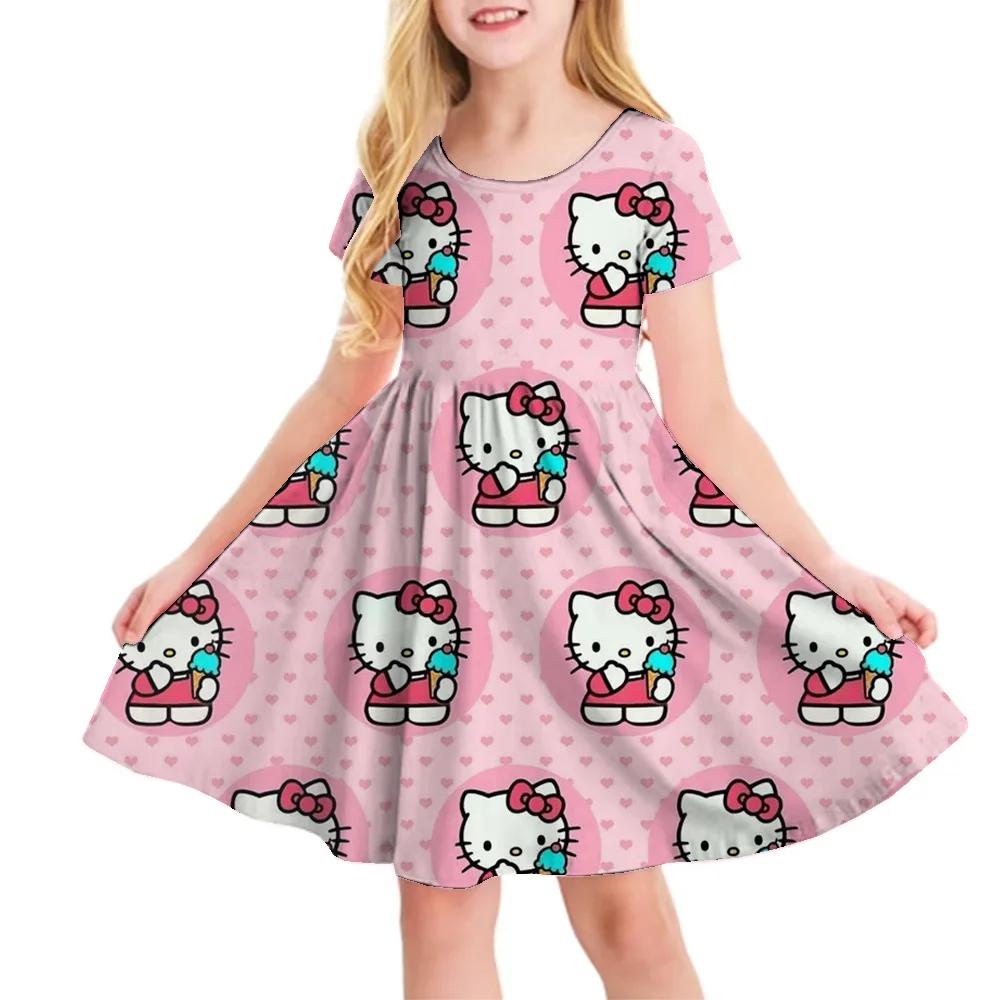 Sanrio New Summer Girls Dress Fashion Cartoon Cute Cinnamoroll &Hello Kitty 3D Printing Dress Kid Short Sleeve Princess Clothing