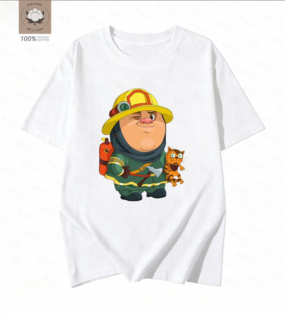Simple Cartoon Firefighter Printed Tshirt Pays Tribute To The Daily Commuting Short Sleeved Reverse Traveler