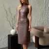 2024 Sleeveless Stand-up Collar Slit Dress: European & American Women's Fashion PU Leather Skirt