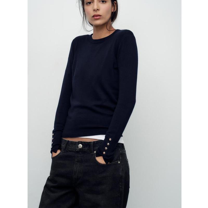 Fall and Winter New Women's Clothing Cuff Four Buttons Plain Stitch Basic Round Neck Long Sleeves Knitwear Tops 8851170