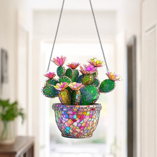 Acrylic Potted Cactus Hanging Decoration, Stained Glass Cactus Flower Suncatcher, Door Window Hanging Ornament for Indoor Outdoor