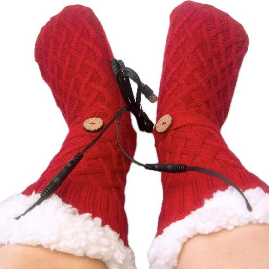 1 Paar USB Beheizte Fleece Socken Herren Damen Winter Elektrische Gestrickte Haus Thermosocken Hausschuhe Heizkissen Fußwärmer mit Rutschfesten Grippern