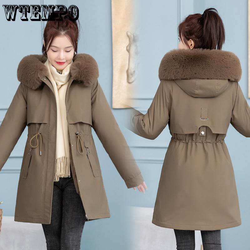 Damen Lange Baumwolljacke Winter Plüsch und Dick Warmer Baumwollmantel Slim Jacke Modische Baumwolljacke