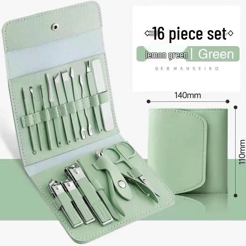 16-Piece Matcha Green Manicure Set: Nail Clippers, Scissors, Ear Pick, Pedicure Tools
