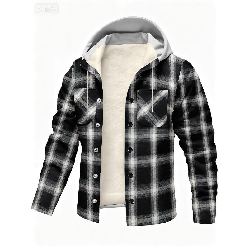 2025 autumn and winter new plaid velvet hooded sweatshirt buttoned casual jacket