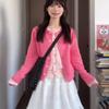 Early Spring Pink Fake Two-piece Long-sleeved Knitted Cardigan Jacket for Women, Small Soft Waxy Contrasting Top In Spring and Autumn