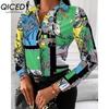 QICED Women's Fashion Casual Solid Color Print Long Sleeve POLO Neck Blouses & Shirts