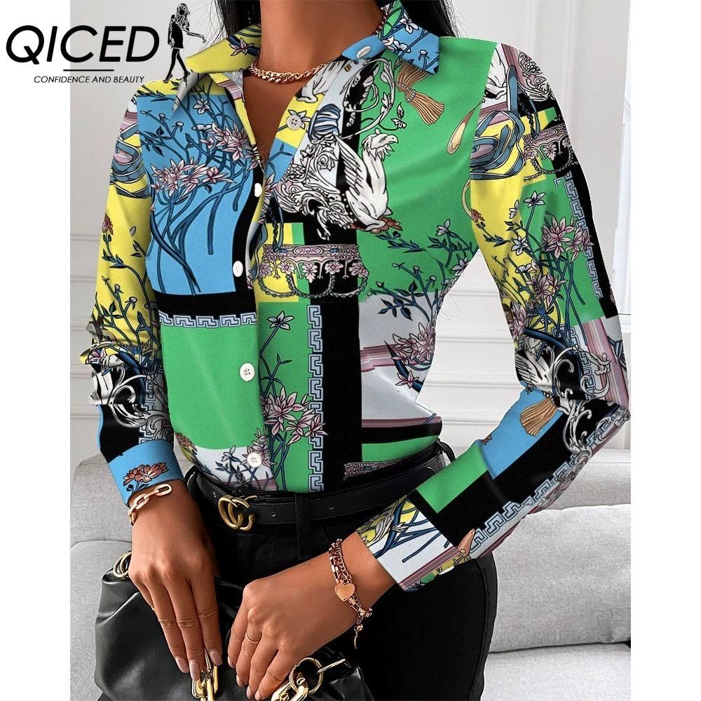 QICED Women's Fashion Casual Solid Color Print Long Sleeve POLO Neck Blouses & Shirts