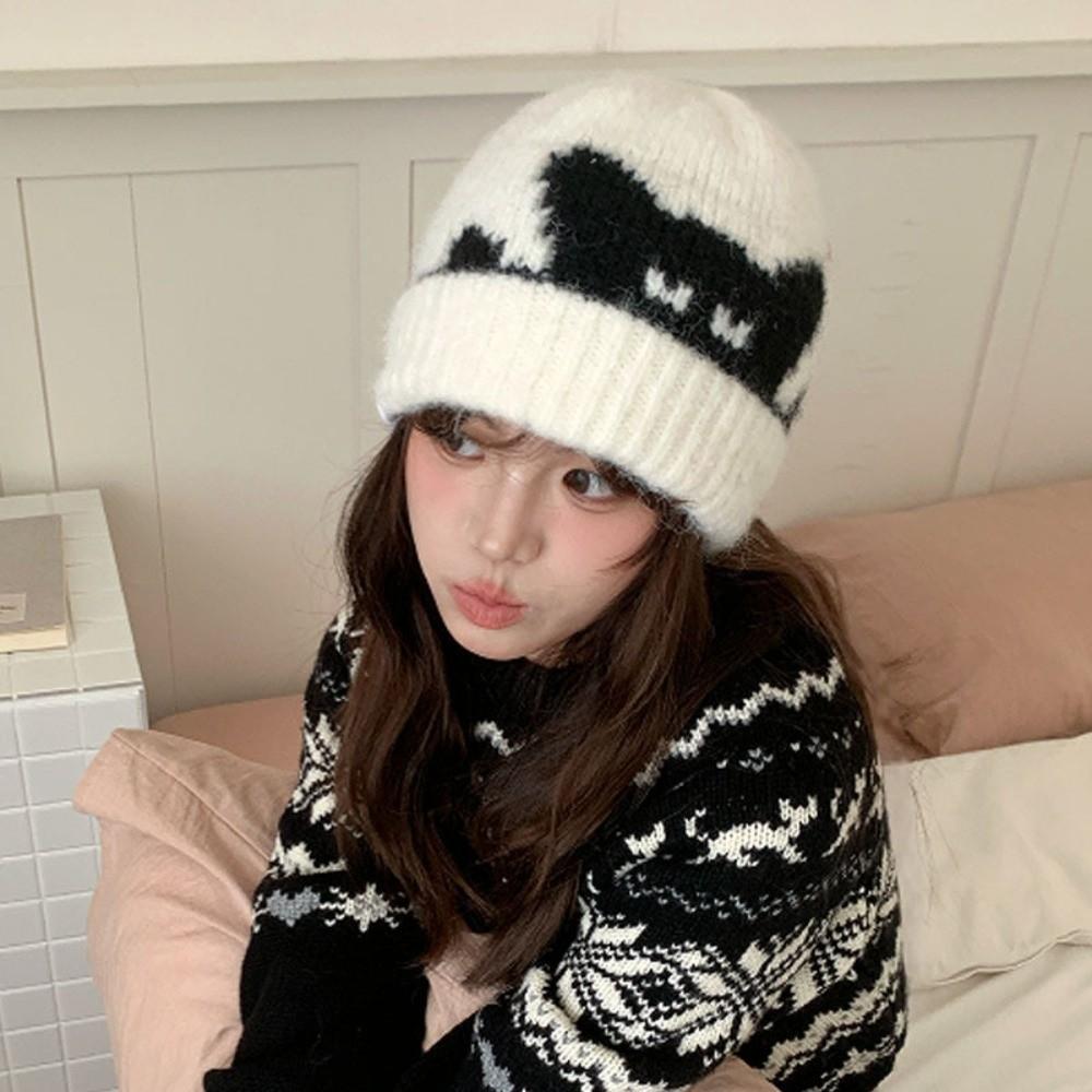 Cat Pattern Warm Knitted Beanie Hat Thick Warm Design Stretchy Beanie Hat  Casual Wear