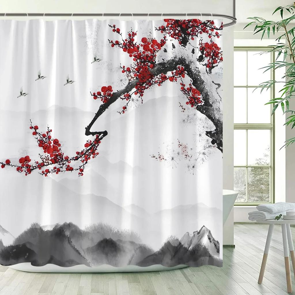 Flower Bird Scenery Shower Curtains Green Bamboo Red Floral Mountain Ink Landscape Bath Curtain Fabric Bathroom Decor with Hooks