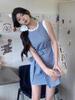 Robe sans manches à carreaux bleus style coréen avec ceinture nœud papillon - Jupe d'été amincissante pour femme