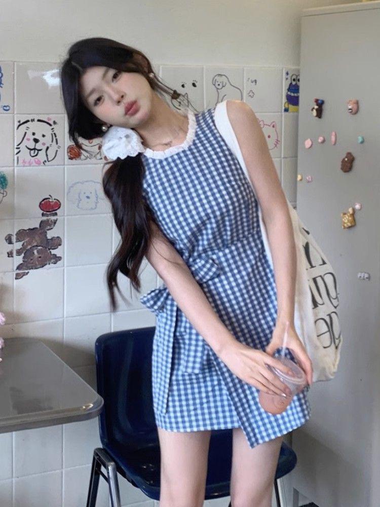 Robe sans manches à carreaux bleus style coréen avec ceinture nœud papillon - Jupe d'été amincissante pour femme