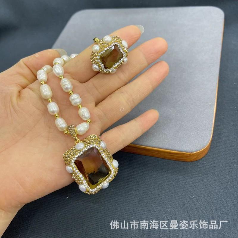 Vintage Purple Chameleon Stone Necklace Ring Set With Freshwater Pearl Chain Jewelry