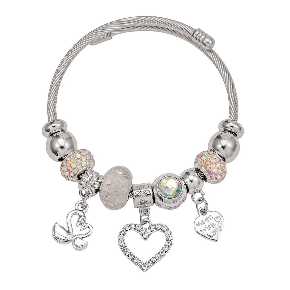 Stainless Steel European-American Heart Swan Pendant Beaded Bracelet