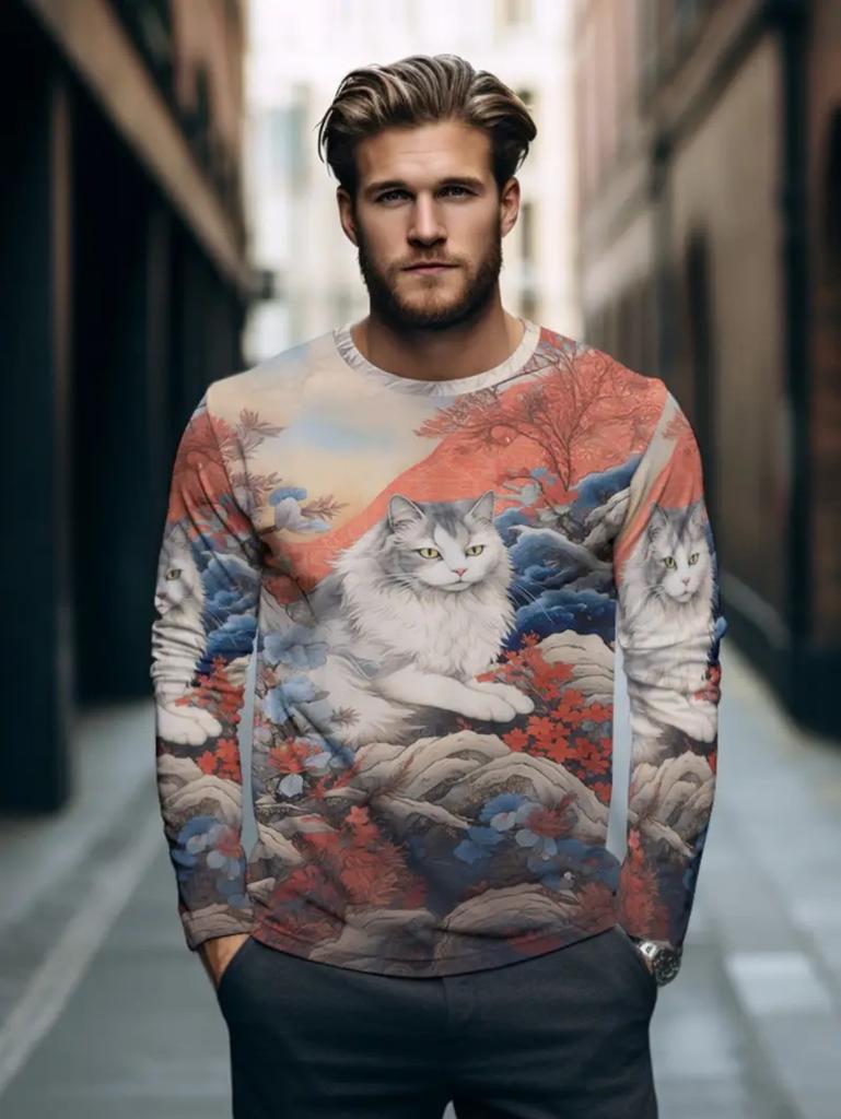 Warrior Cat Pattern Men's T-shirt Funny Animal 3D Print Long-sleeved Top All-season Base Layer Shirt Y2K Harajuku Streetwear