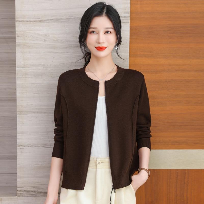 Spring new baseball jersey zipper top loose thin sweater crew neck knitted cardigan women's coat