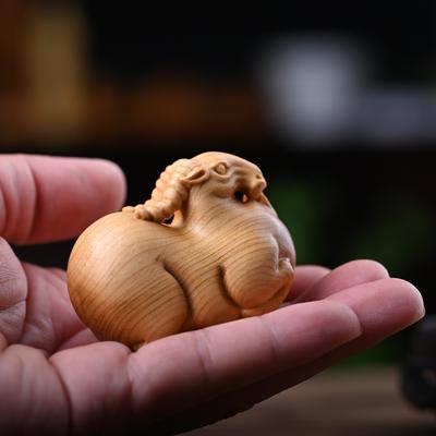 Wooden Carving Zodiac Sheep Figurine Solid Wood Carving Animal Crafts Cute Lamb Desktop Ornament For Home Decor Birthday Gifts