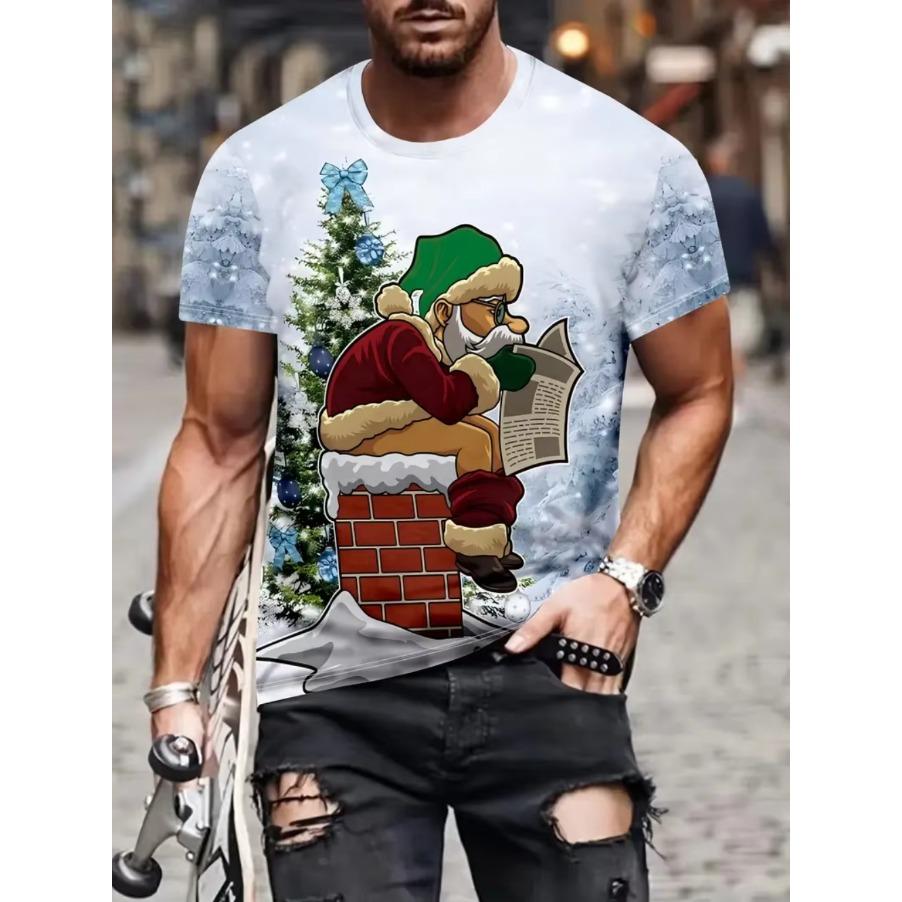 Funny Men's T-Shirts Santa Claus Christmas Oversized Short Sleeve with Snowflakes Print Red Casual O-Neck Outfit Men Clothing
