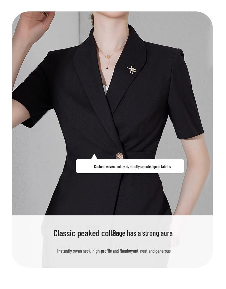 Women's 2023 Petite Summer Short Sleeve Black Suit Jacket - Professional Workwear Set